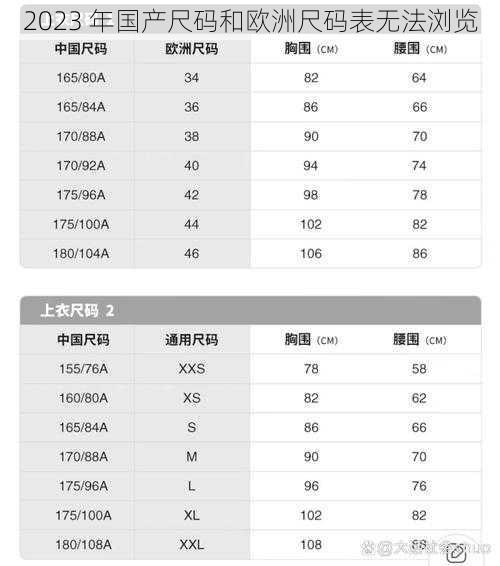 2023 年国产尺码和欧洲尺码表无法浏览