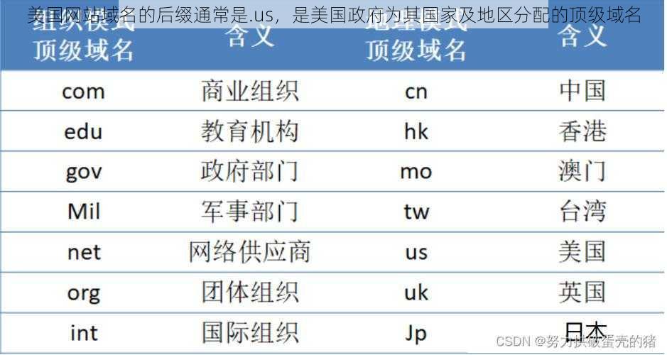 美国网站域名的后缀通常是.us，是美国政府为其国家及地区分配的顶级域名